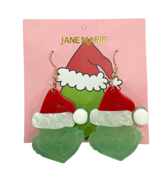 Jane Marie Acrylic Grinch Head with White Pom Earring