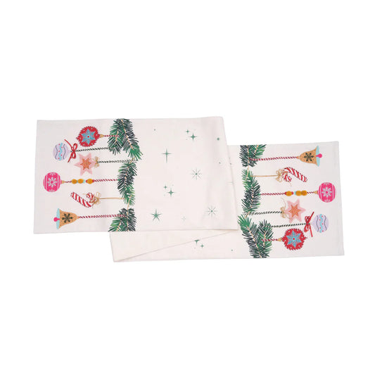Vintage Embroidered Christmas Ornament Table Runner